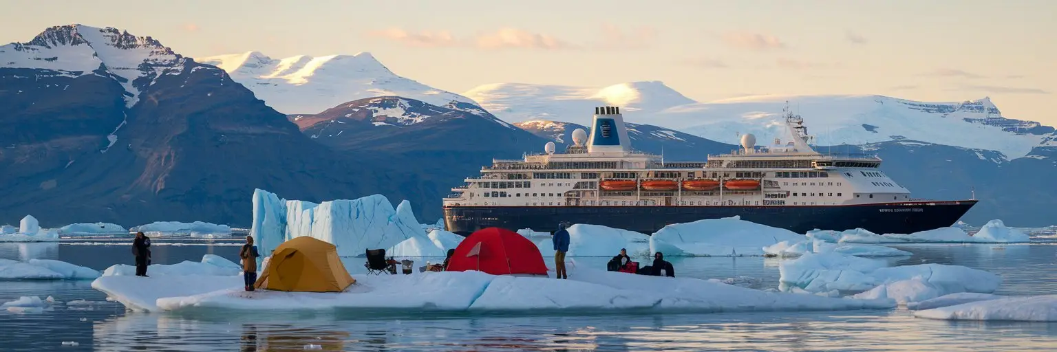 camping on icebergs with cruise ship on the background