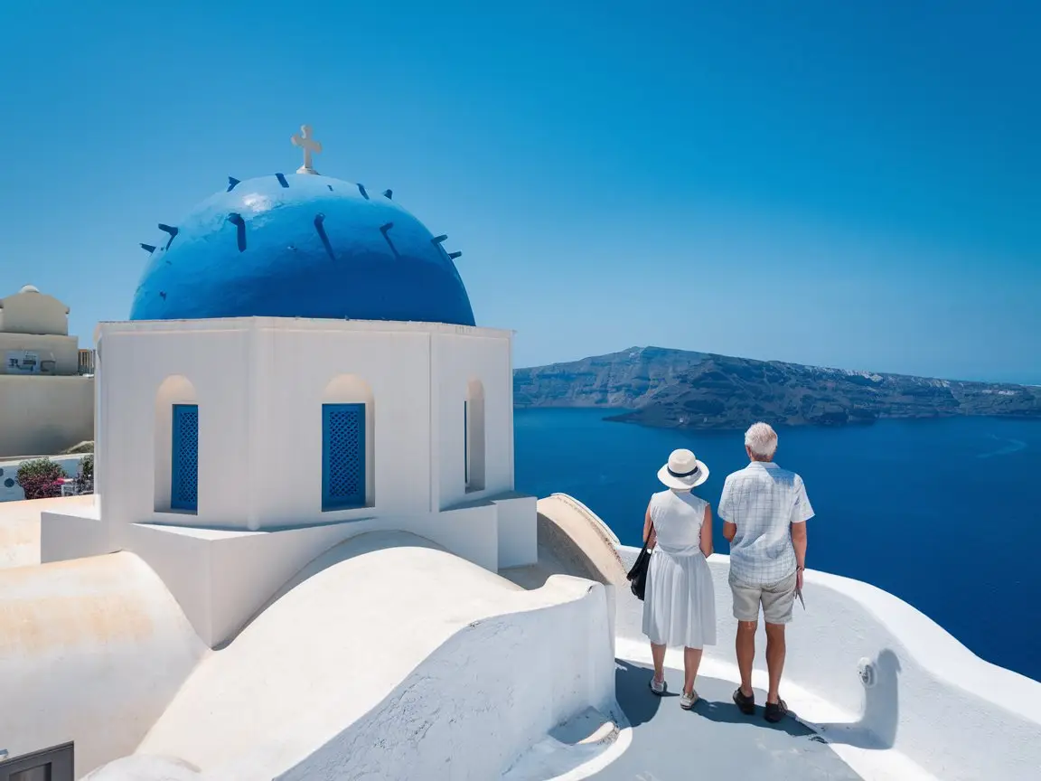 charming blue-domed church in Santorini with its pristine white walls and striking architecture