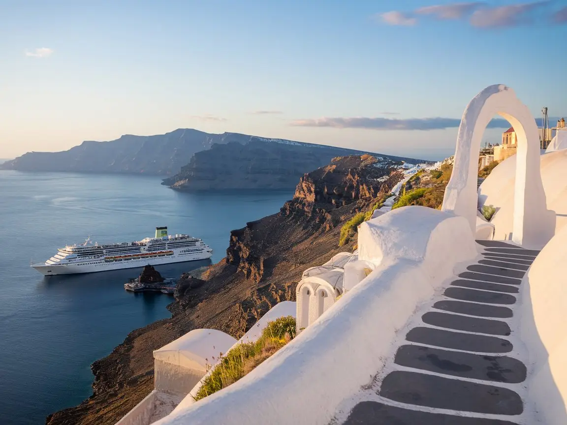 clifftop path along Firostefani's caldera edge delivers spectacular photo opportunities for cruise passengers