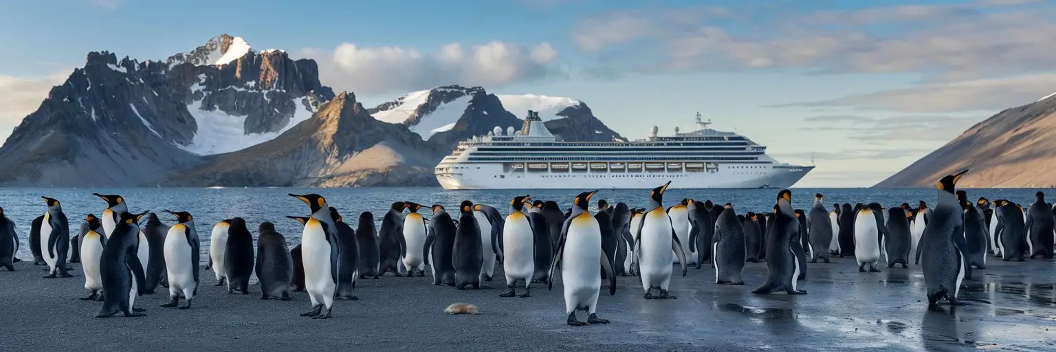 king penguin colonies with cruise ship on the background