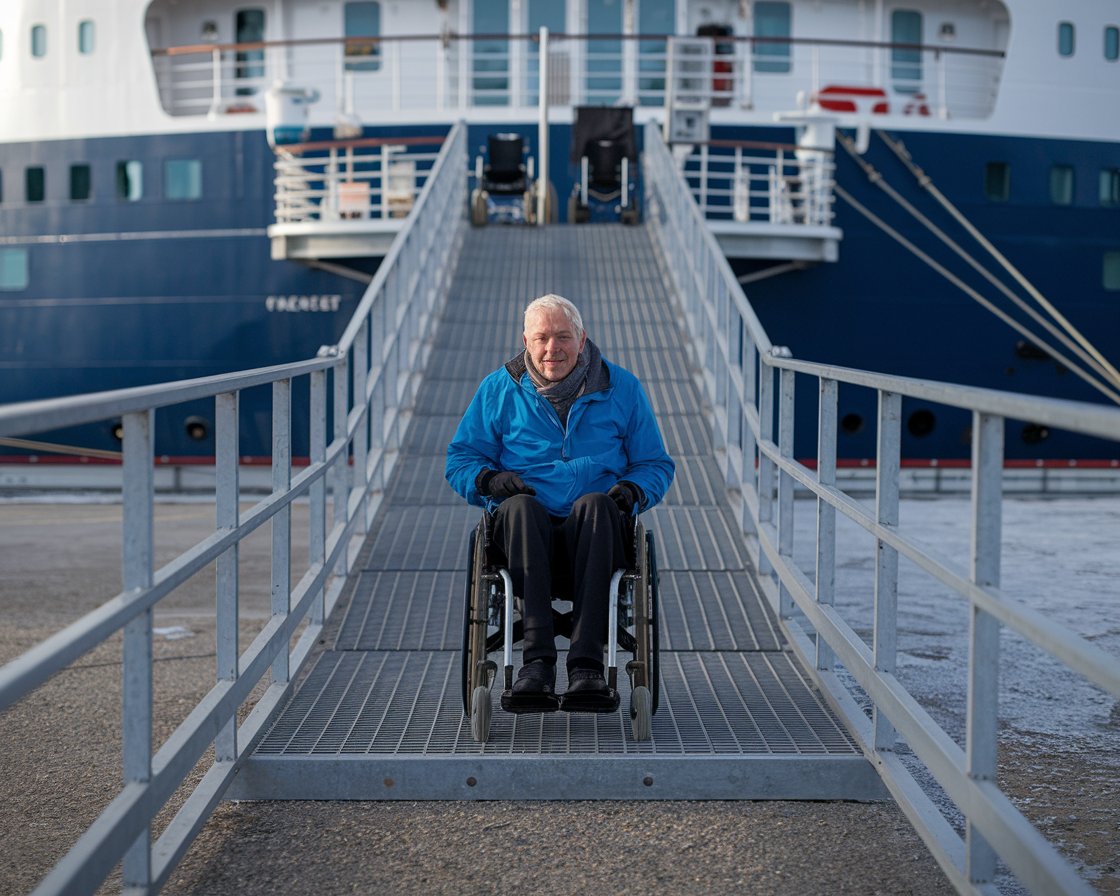 old man on a wheelchair on the ramp of cruise ship in Kangerlussuaq