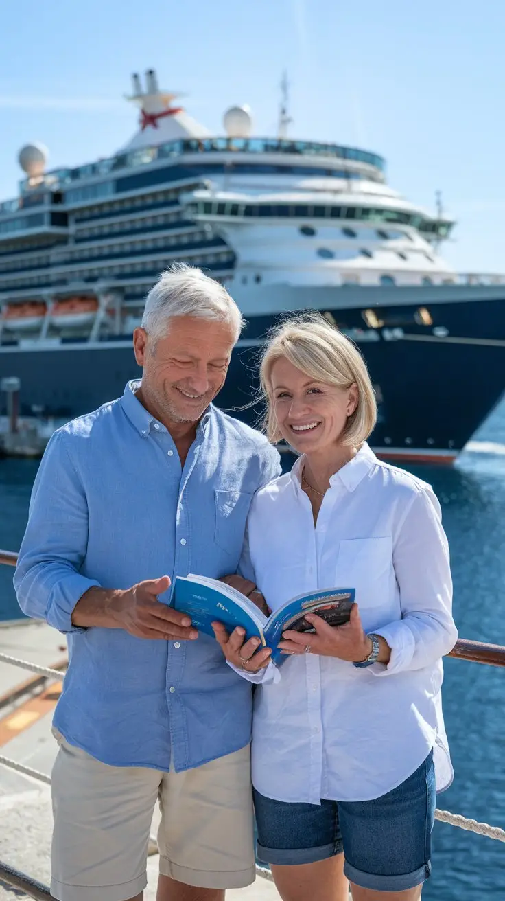 older couple casually dressed in shorts in Dubrovnik Cruise Ship Port Guide on a sunny day with a cruise ship in the background