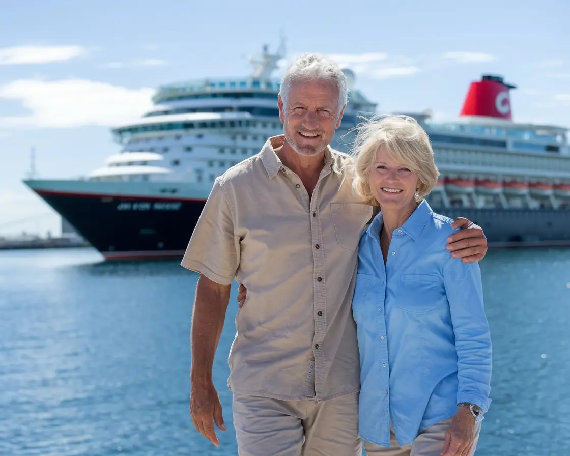 older couple casually dressed in shorts in Resolute Bay on a sunny day with a cruise ship in the background.