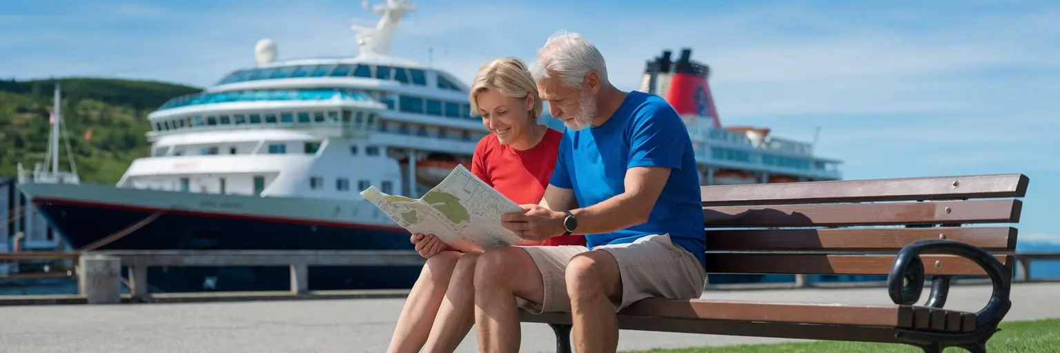 older couple sitting down, reading a map, casually dressed in shorts on a sunny day with a cruise ship in the background at Resolute Bay