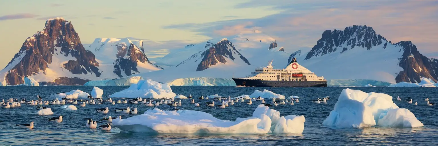 polar waters with vibrant seabird colonies with cruise ship navigating