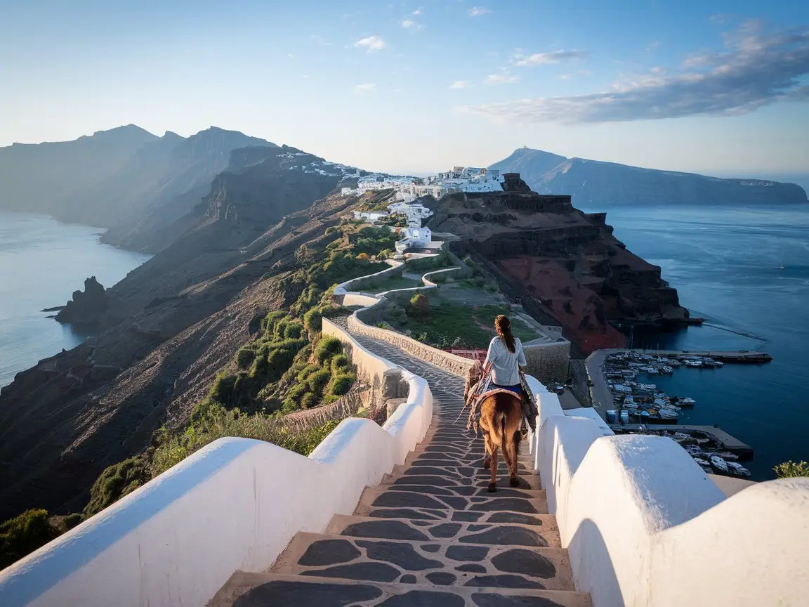 steps connecting Fira to the Old Port with a donkey carrying a visitor from a cruise ship