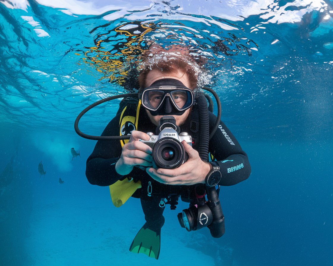 underwater photography on cold water of a polar cruise with the diver having full underwater gear holding his camera