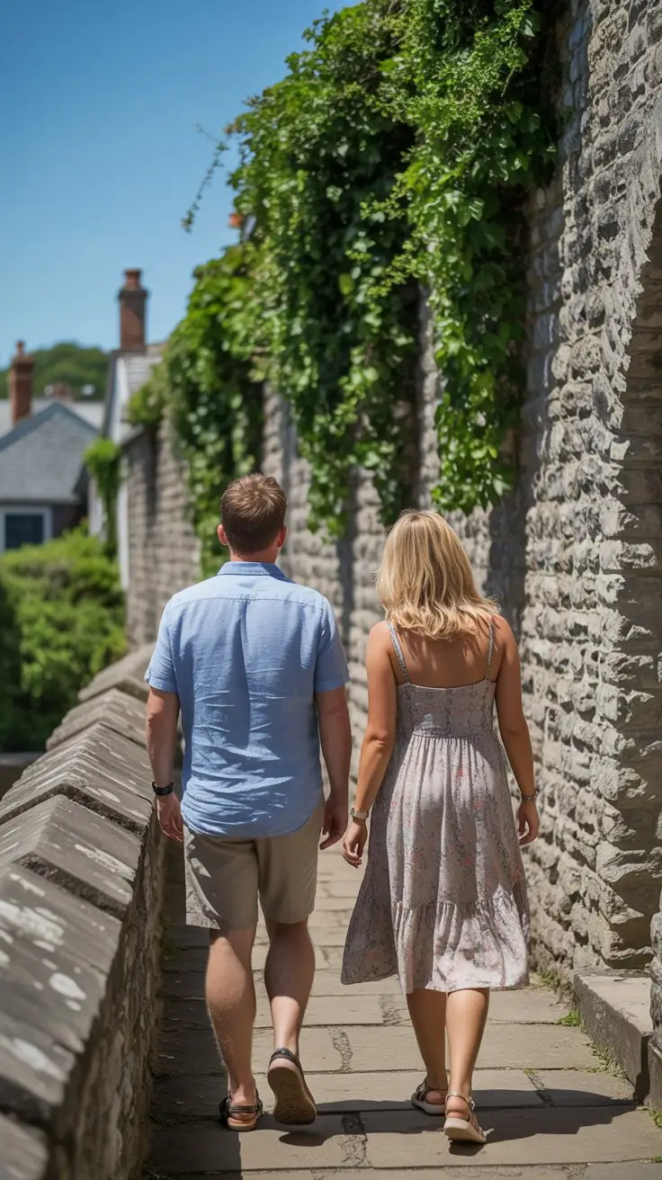 A photograph of two casually dressed tourists strolling along a section of Southampton's ancient stone wall. One is a man wearing a blue linen shirt and khaki shorts, while the other is a woman in a floral sundress and sandals. The wall itself is weathered grey stone, partially covered in ivy, with glimpses of a charming historic neighborhood visible beyond. Bathed in the bright sunlight of a clear day, the scene evokes a sense of relaxed exploration and timeless beauty.