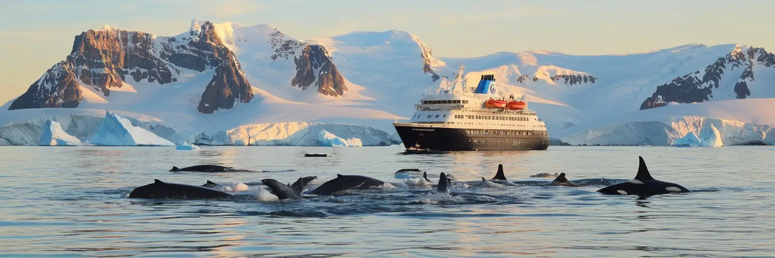 whales, seals and orcas at Antarctica with a cruise ship navigating