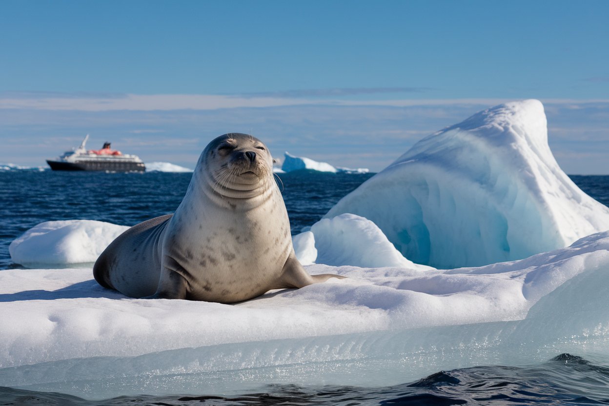 Leopard seal basking on an iceburg in the Arctic with a polar cruise ship nearby