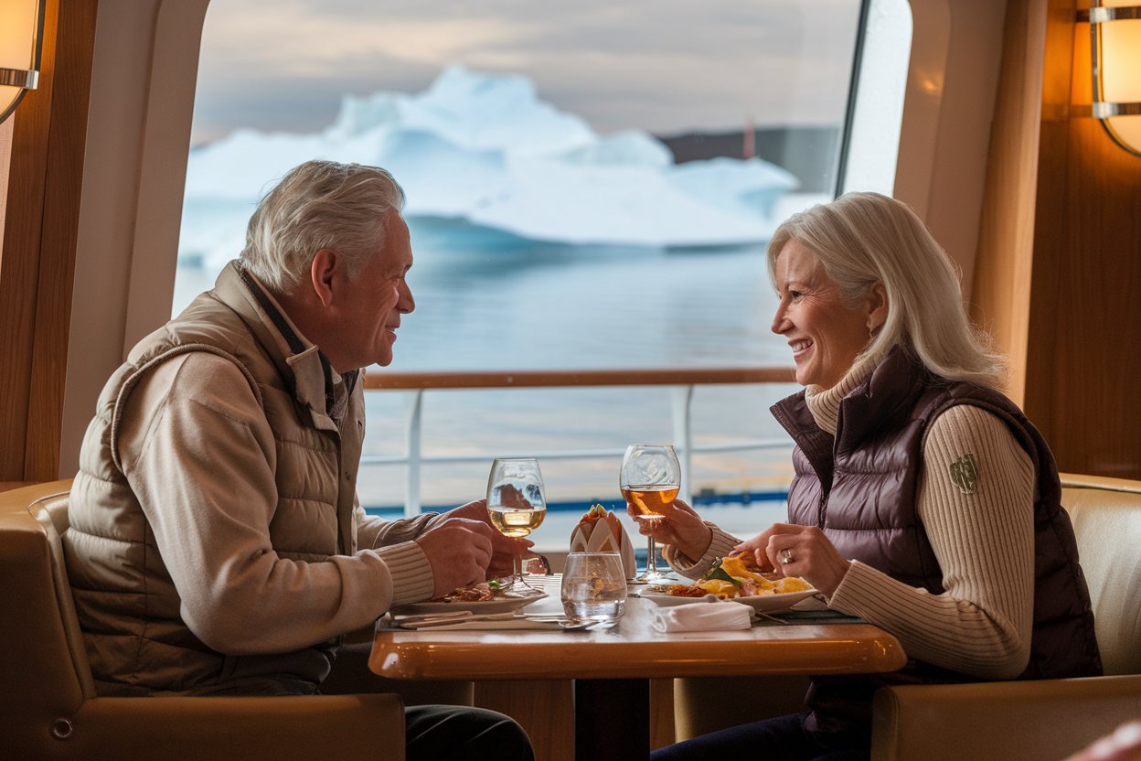 Man and a lady enjoying dinner on an expedition cruise ship