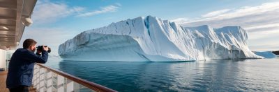 Man taking a photo of a huge iceburg from the deck of a polar cruise ship