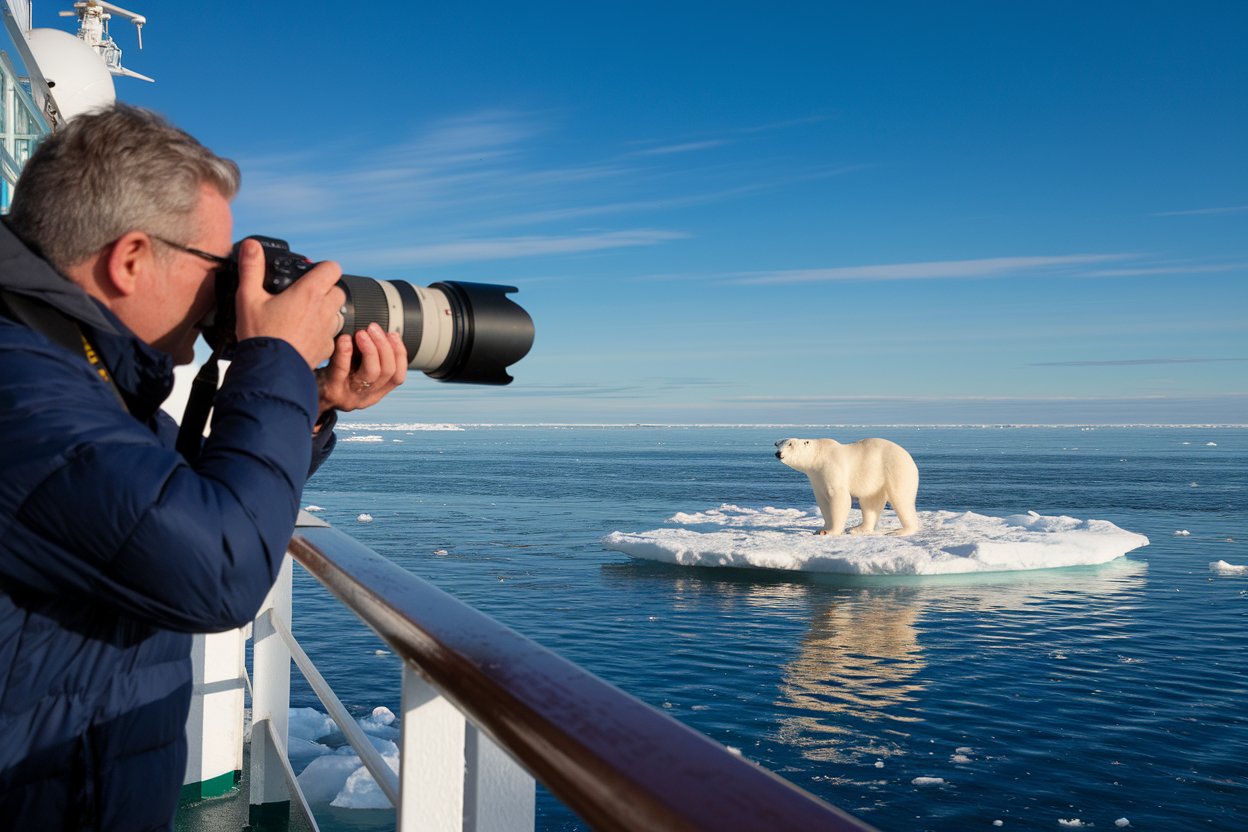 Man taking a photo of a polar bear from