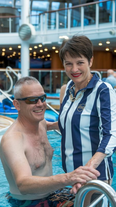 Mid aged lady and man dressed in swimwear in the swimming pool on a cruise ship. Sunny Day at Heraklion Cruise Ship Port