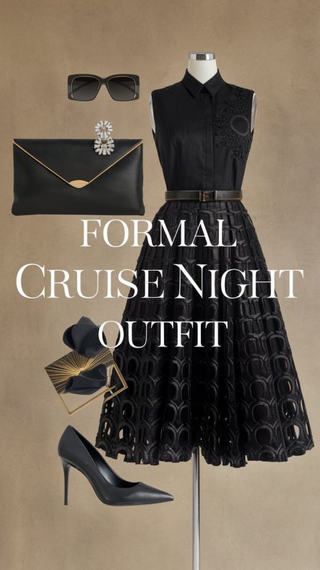 Mood board for a womens formal cruise night outfit