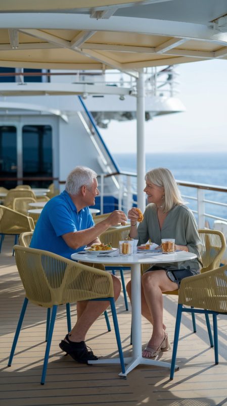 Older man and lady dressed in shorts having a casual lunch on the deck of a cruise ship on a sunny day at Chania Cruise Ship Port