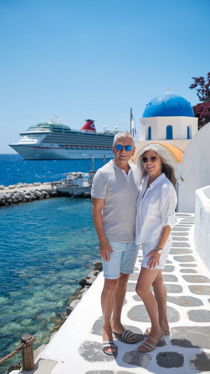 older couple casually dressed in shorts in Mykonos Cruise Ship Port on a sunny day with a cruise ship in the background