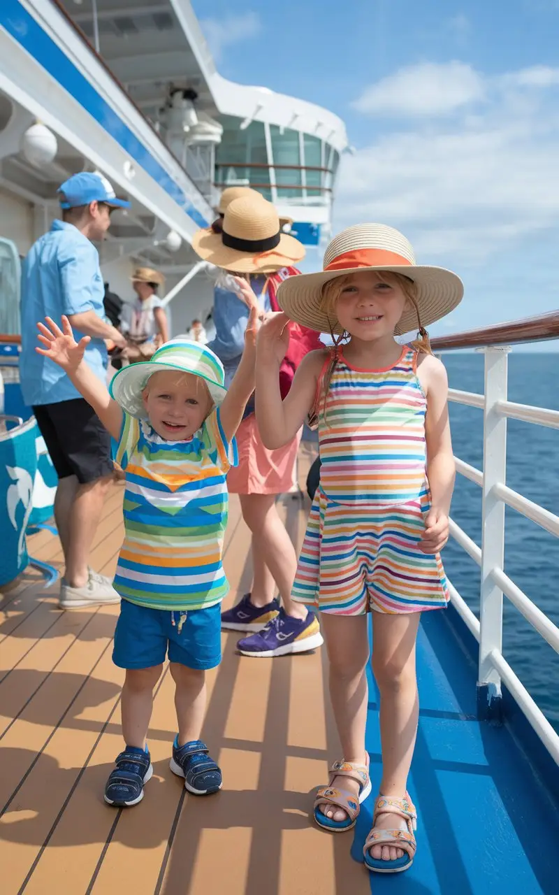 Two kids dressed in Caribbean cruise outfits on a cruise ship