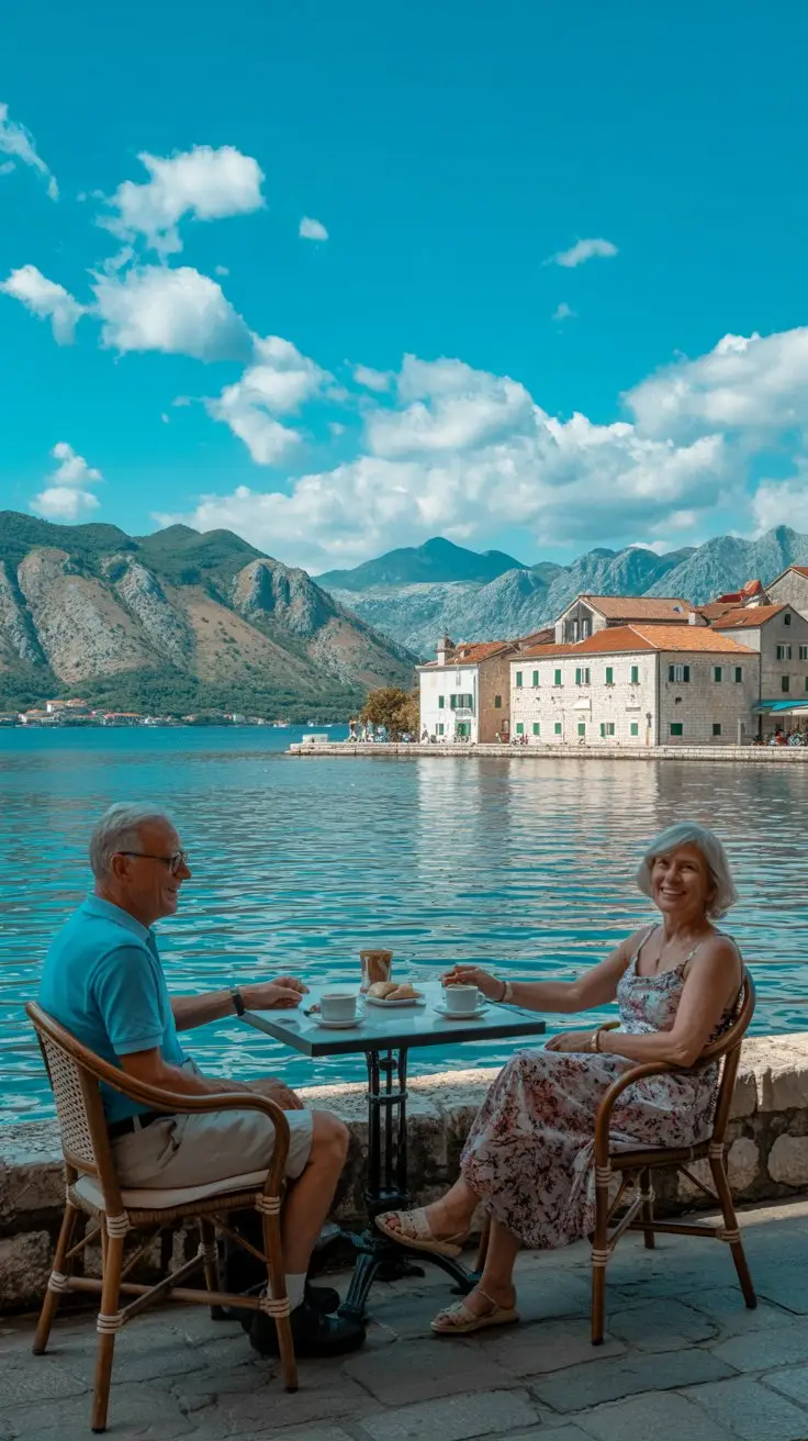 2 older tourists sitting at a cafe on the waterfront in Kotor. Bright sunny day with some fluffy clouds