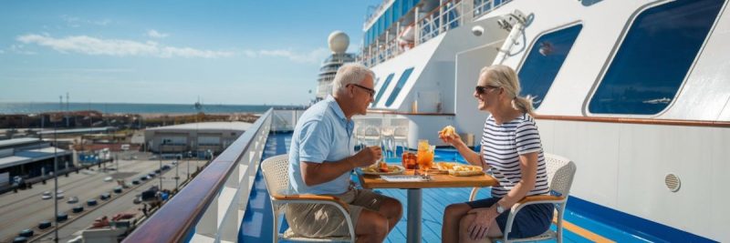 Older man and lady dressed in shorts having a casual lunch on the deck of a cruise ship on a sunny day at Valencia Spain cruise port.