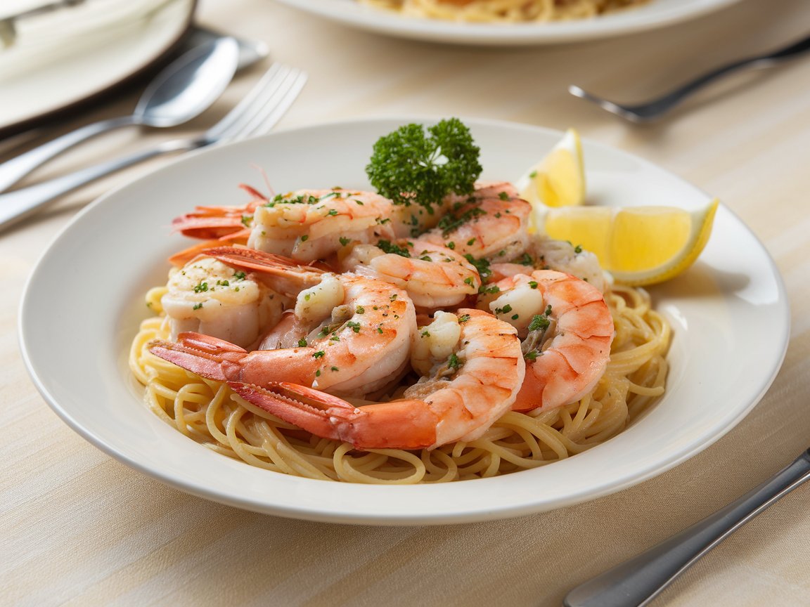 A dish of Scampi with linguine in a Med cruise port