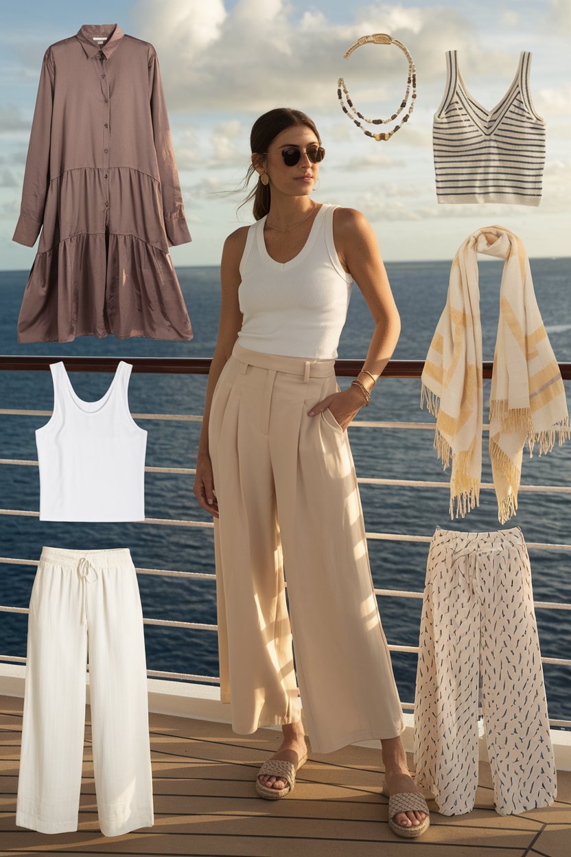 A lady on a cruise ship with winter Caribbean outfits ideas