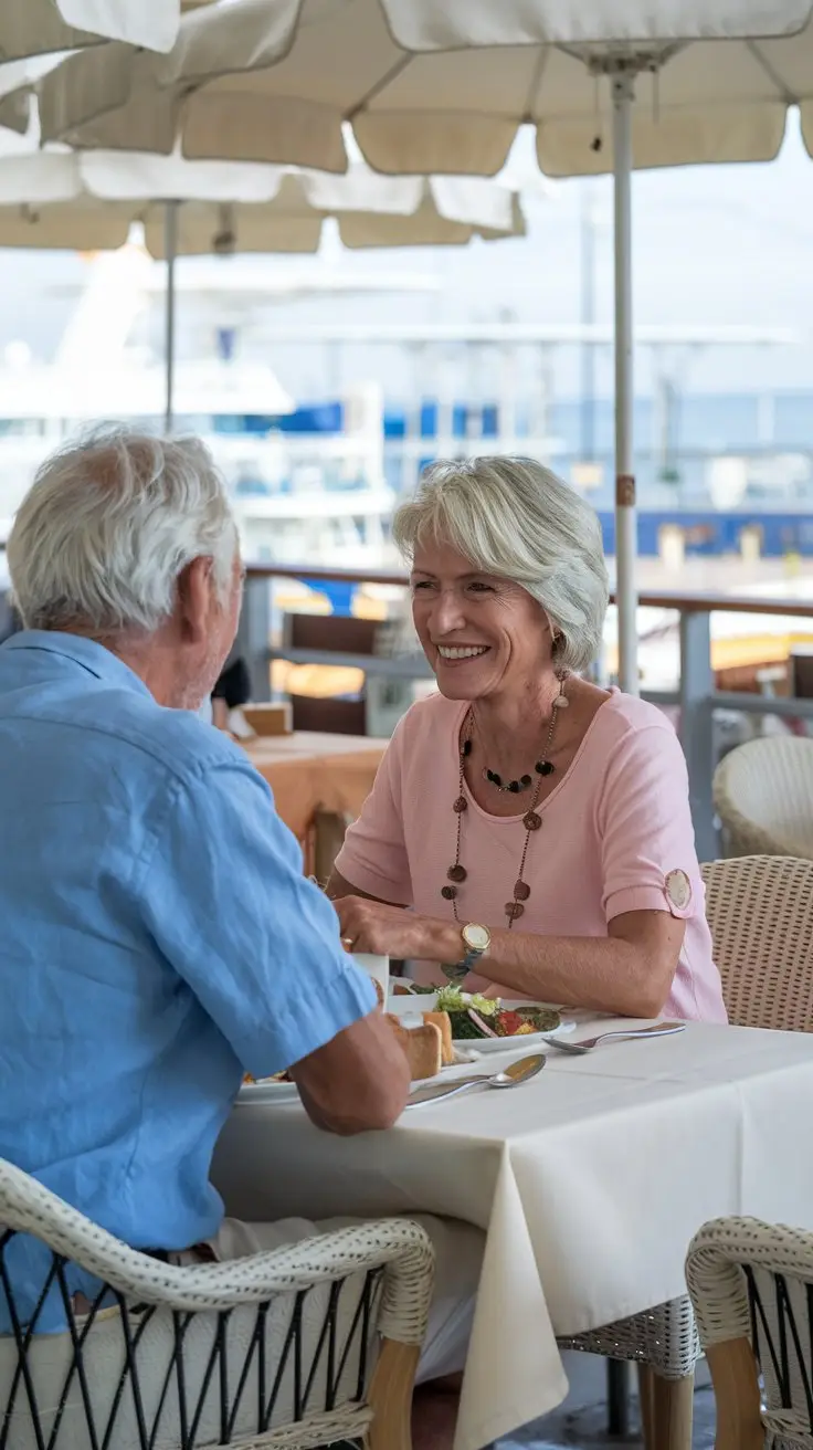 An older man and lady having a casual lunch in a restaurant near Palermo Cruise Ship Port