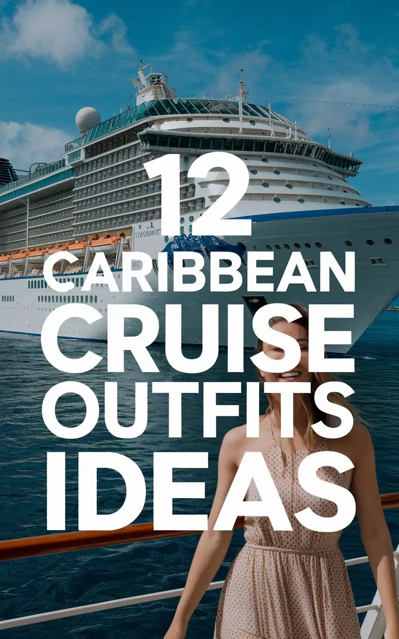 Big text overlay 12 Caribbean Cruise Outfits Ideas with a cruise ship and lady in dress in the background