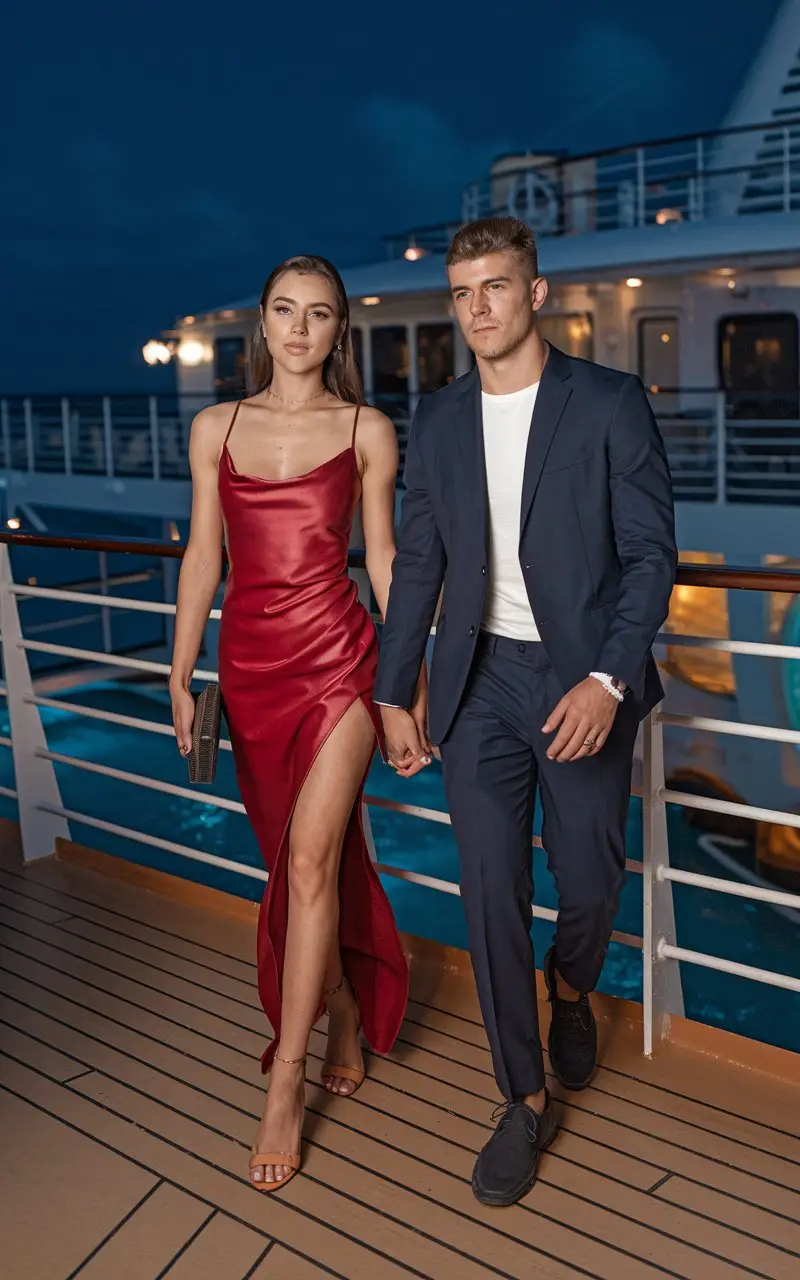 Caribbean cruise ship during a formal night with a couple in elegant outfits