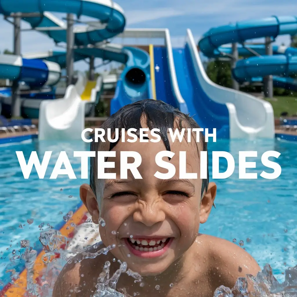 Close up of a boy in front of a water slide on a cruise ship