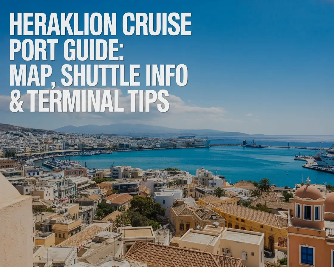 A photograph taken from a high vantage point overlooking Heraklion, Greece, showcasing a sprawling urban landscape. Prominently displayed in the upper left corner is a large, clear text overlay reading "Heraklion Cruise Port Guide: Map, Shuttle Info & Terminal Tips". The scene is bathed in the warm, vibrant light of a bright sunny day, highlighting the terracotta rooftops and the sparkling blue waters of the harbor below. A few small white buildings dot the landscape with distant mountains on the horizon.
