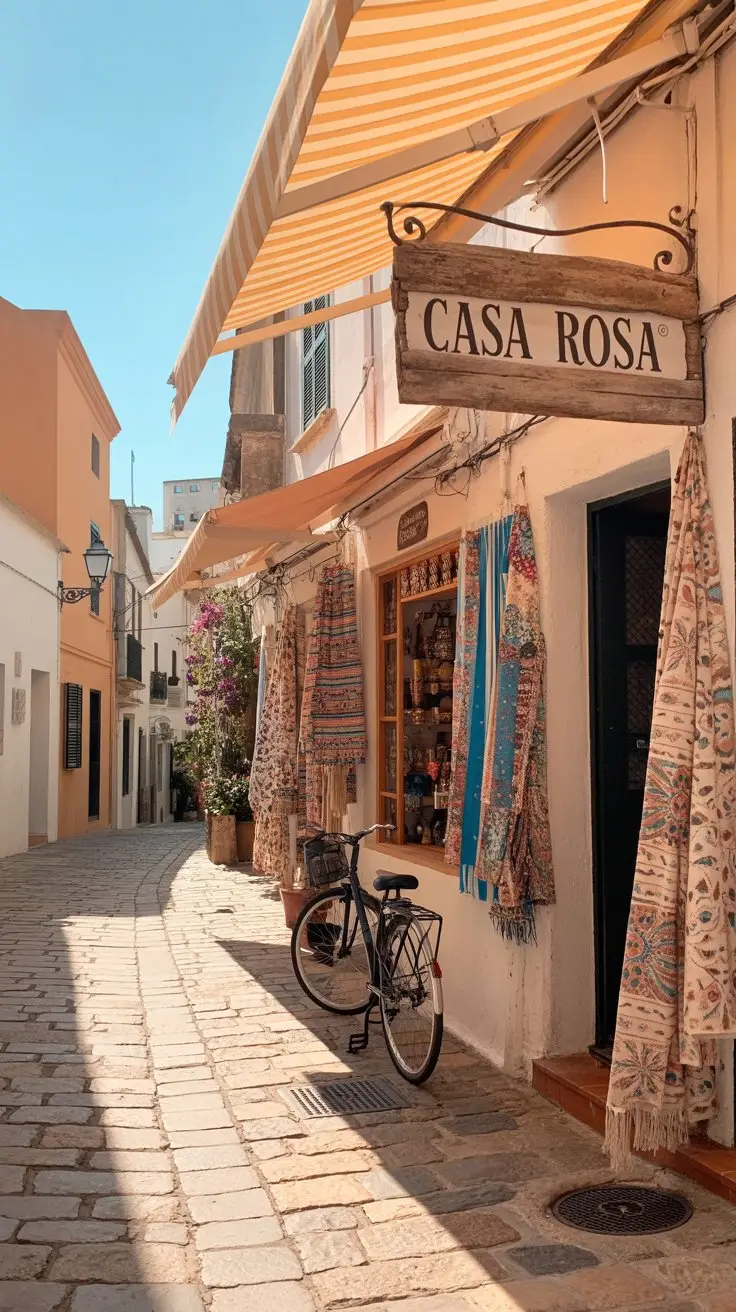 A photograph of a charming cobblestone street in Ibiza's old town, bathed in the warm glow of a bright sunny day. The street is lined with small shops displaying colorful textiles and pottery, their awnings casting playful shadows on the stones. A weathered wooden sign above one shop reads "“Casa Rosa”", while a lone bicycle leans against a stone wall. The scene is framed by terracotta rooftops and a clear blue sky, creating a picturesque Mediterranean atmosphere.