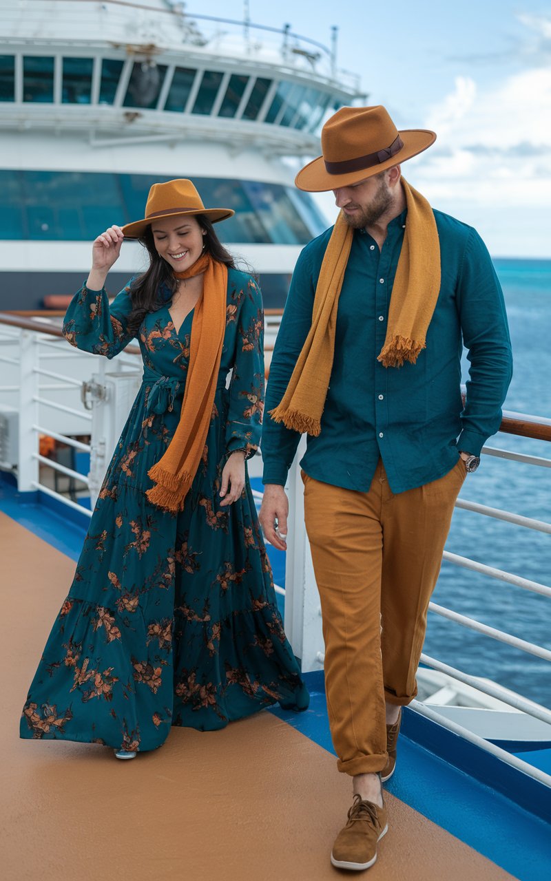 Lady and a man showcasing fall Caribbean cruise outfits on a cruise ship