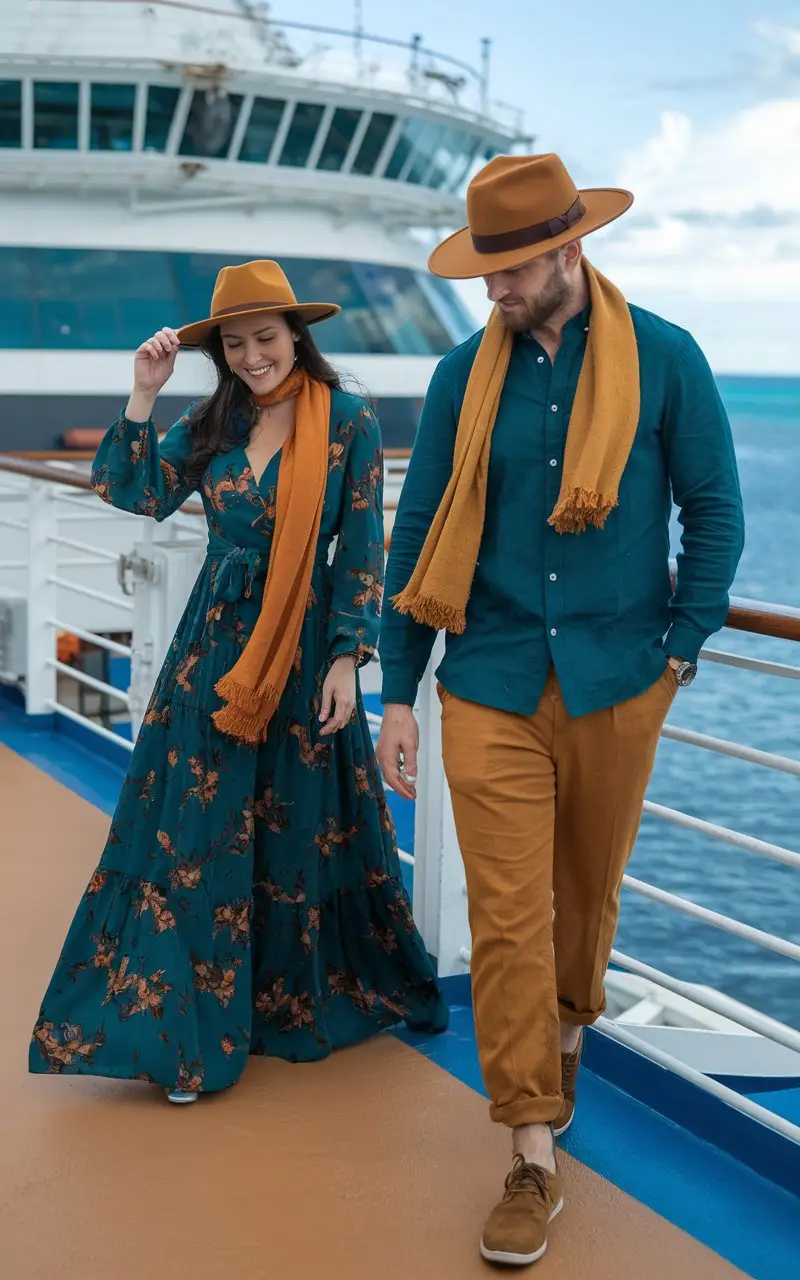 Couple showcasing fall Caribbean cruise outfits on a cruise ship