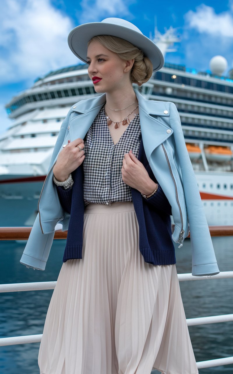Lady in a light blue jacket, boots and shirt inspired by Taylor Swift cruise outfit