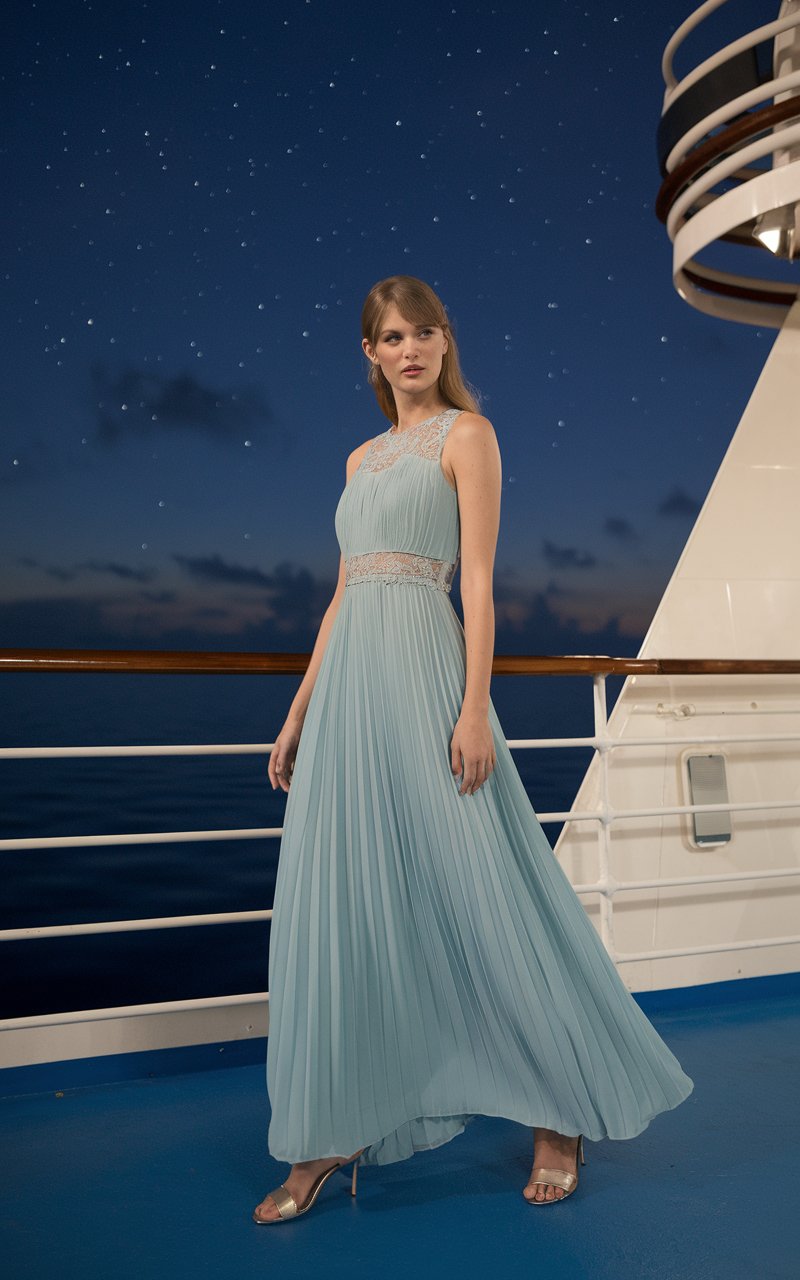 Lady in a soft blue evening dress inspired by Taylor Swift cruise outfit