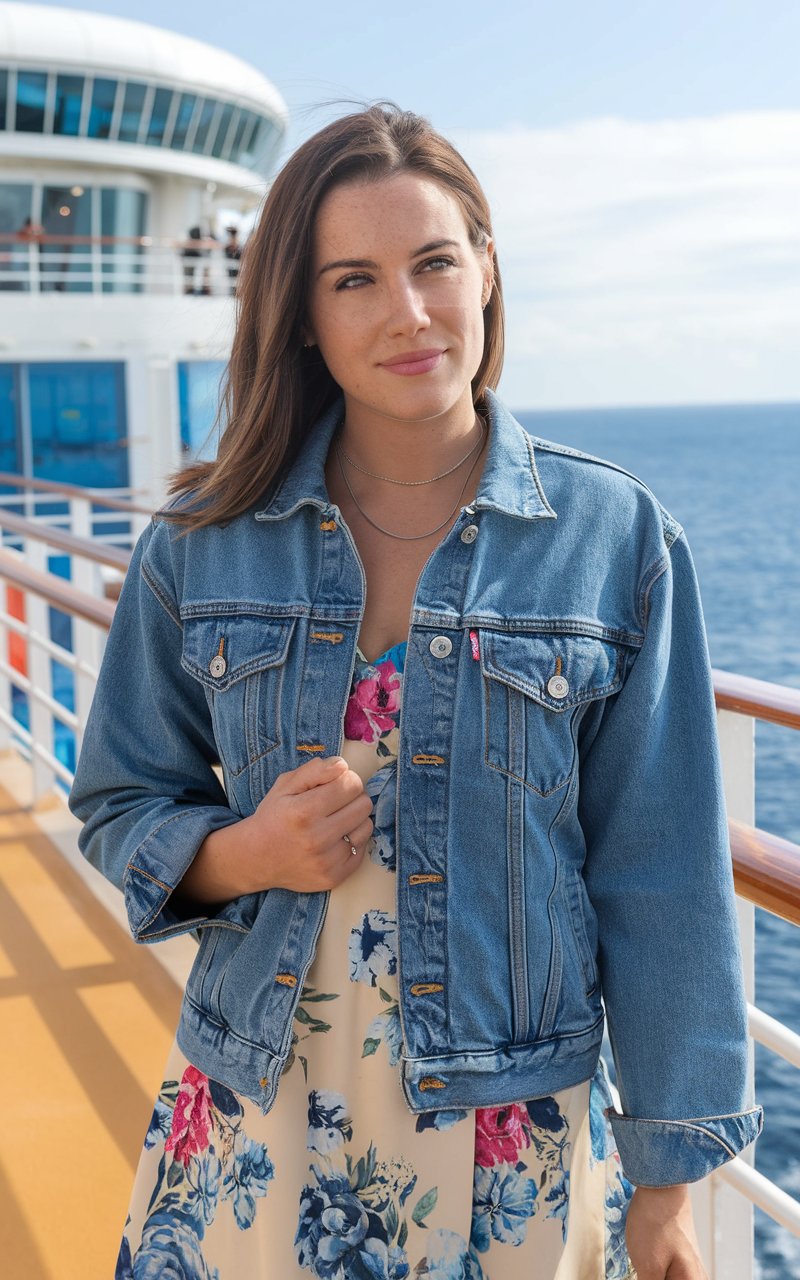 Lady wearing a classic denim jacket on a cruise ship