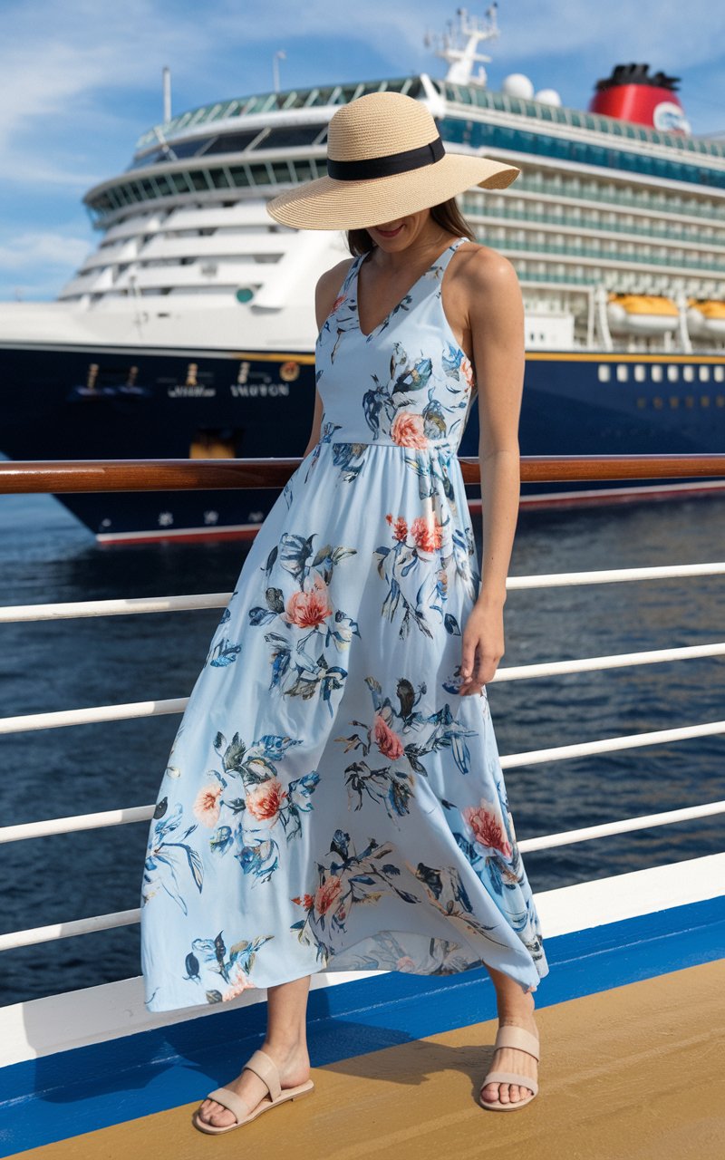 Lady wearing a maxi dress with a wide brim hat and summer sandals on a cruise ship