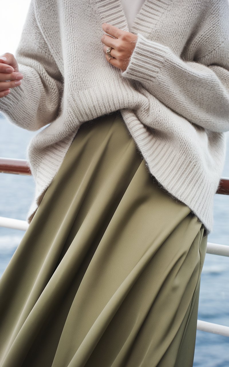 Layered cruise outfit with soft jumper and shirt on a cruise ship