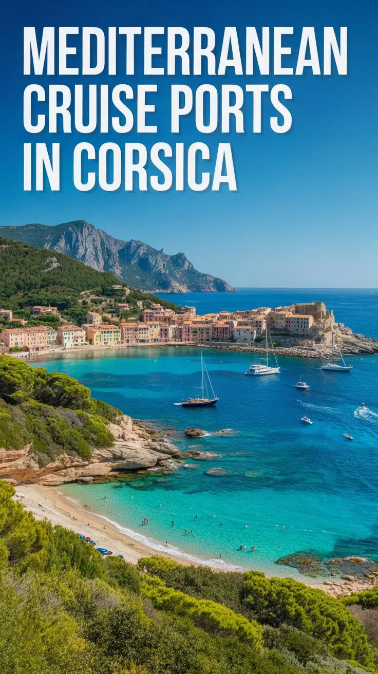 A vibrant travel photograph showcasing the stunning coastline of Corsica on a brilliant sunny day. Crystal-clear turquoise waters lap against dramatic limestone cliffs and sandy beaches, with a charming Mediterranean port town nestled in a protected bay below. Traditional terracotta-roofed buildings cascade down hillsides covered in lush green maquis vegetation, while white sailboats and luxury yachts dot the sparkling harbor. Bold white text aligned to the left reads "Mediterranean Cruise Ports in Corsica" against the bright blue sky, with warm golden sunlight illuminating the entire scenic vista.