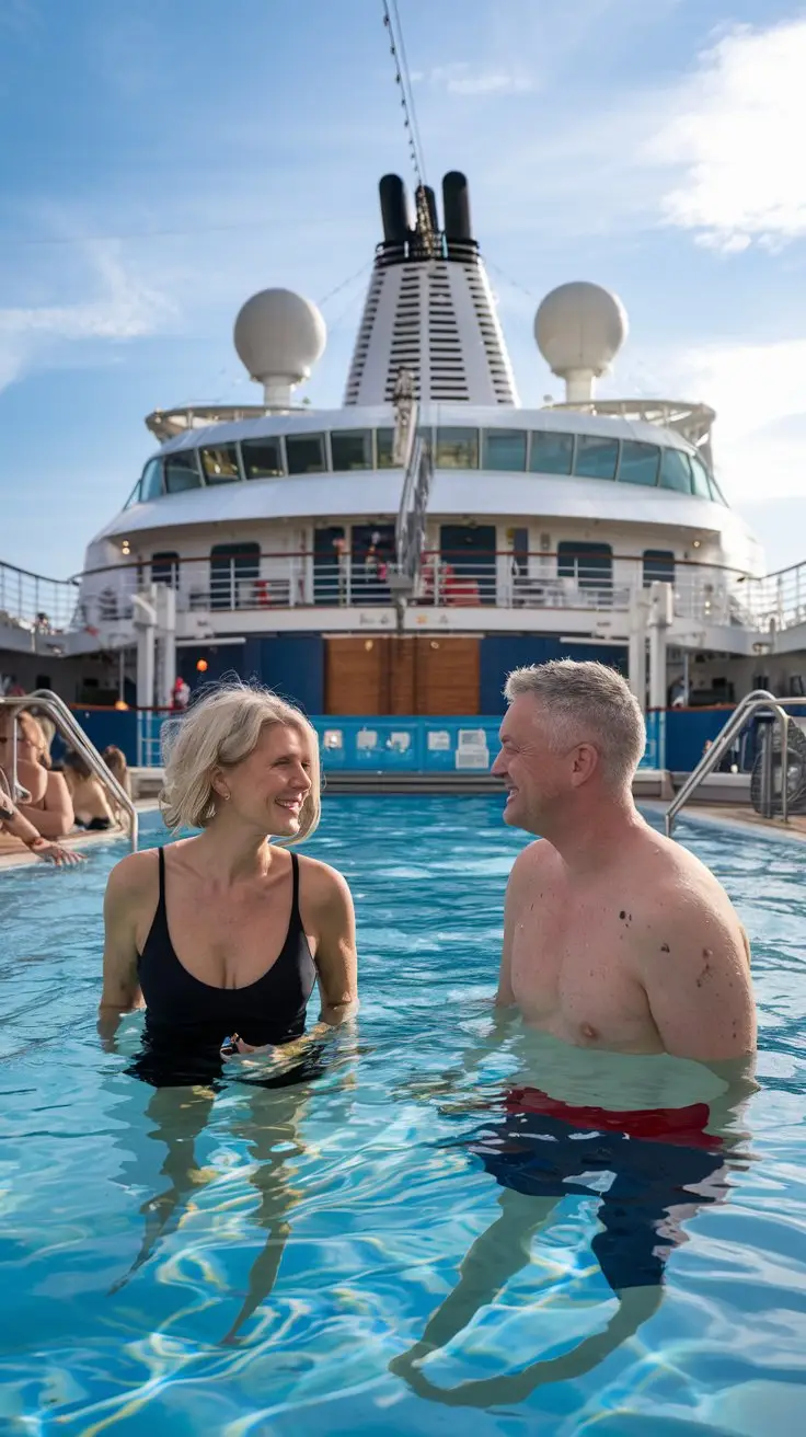 Mid aged lady and man dressed in swimwear in the swimming pool on a cruise ship at Calvi Cruise Ship Port on a Sunny Day.