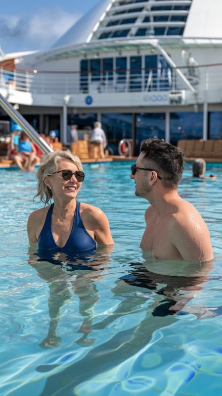 Mid aged lady and man dressed in swimwear in the swimming pool on a cruise ship at Marseille Cruise port. Sunny Day.