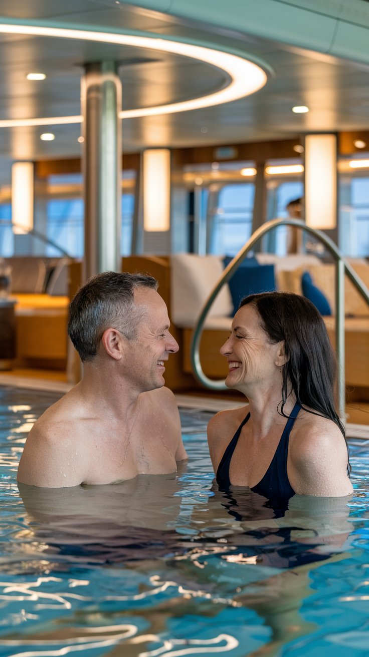 Mid aged lady and man dressed in swimwear in the swimming pool on a cruise ship during a Sunny Day at Pula Cruise Ship Port