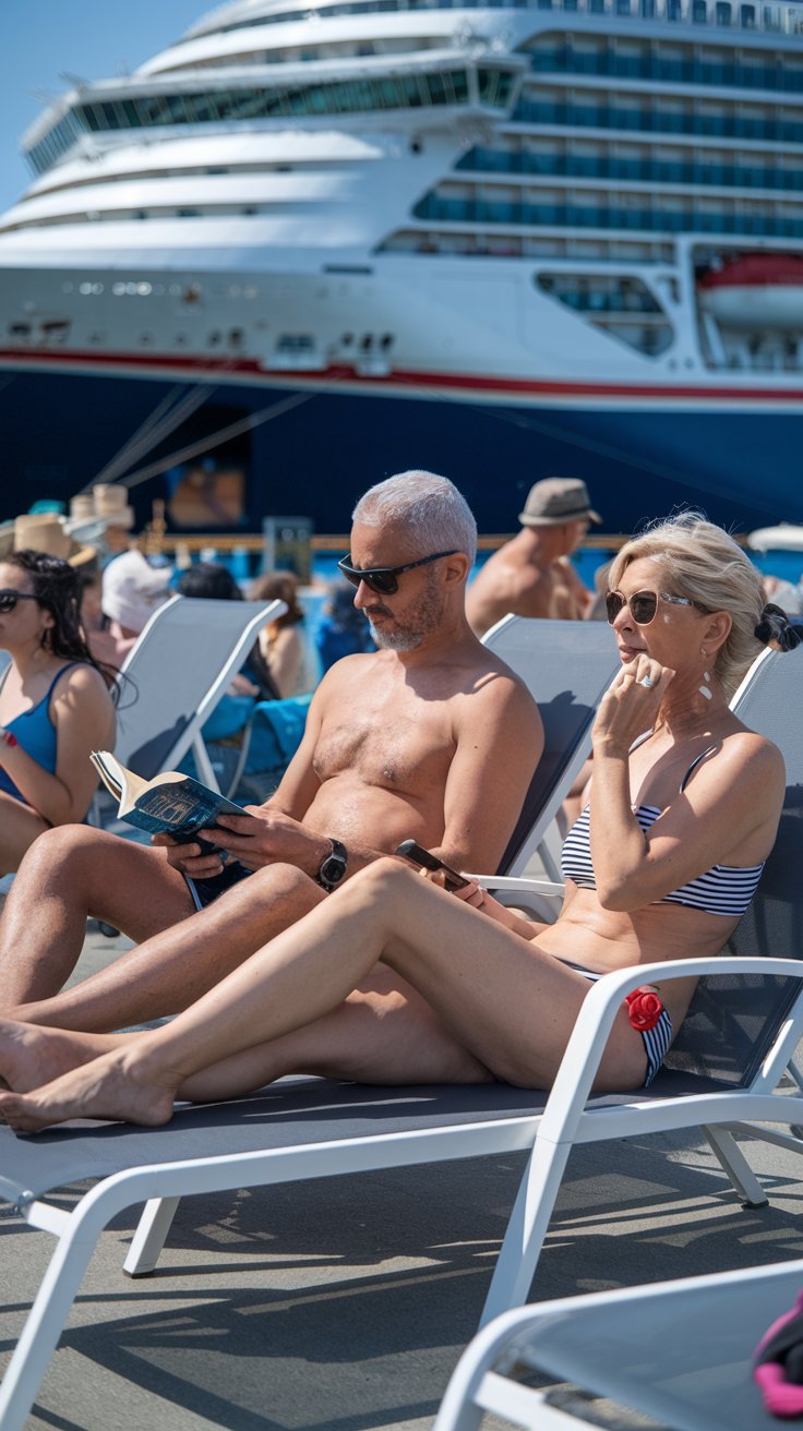 Mid aged lady and man on lounge chairs dressed in swimwear on a cruise ship on a Sunny Day at Ancona Cruise Ship Port