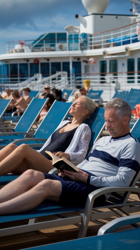 Mid aged lady and man on lounge chairs dressed in swimwear on a cruise ship. It's a sunny day at Amalfi Cruise Ship Port.