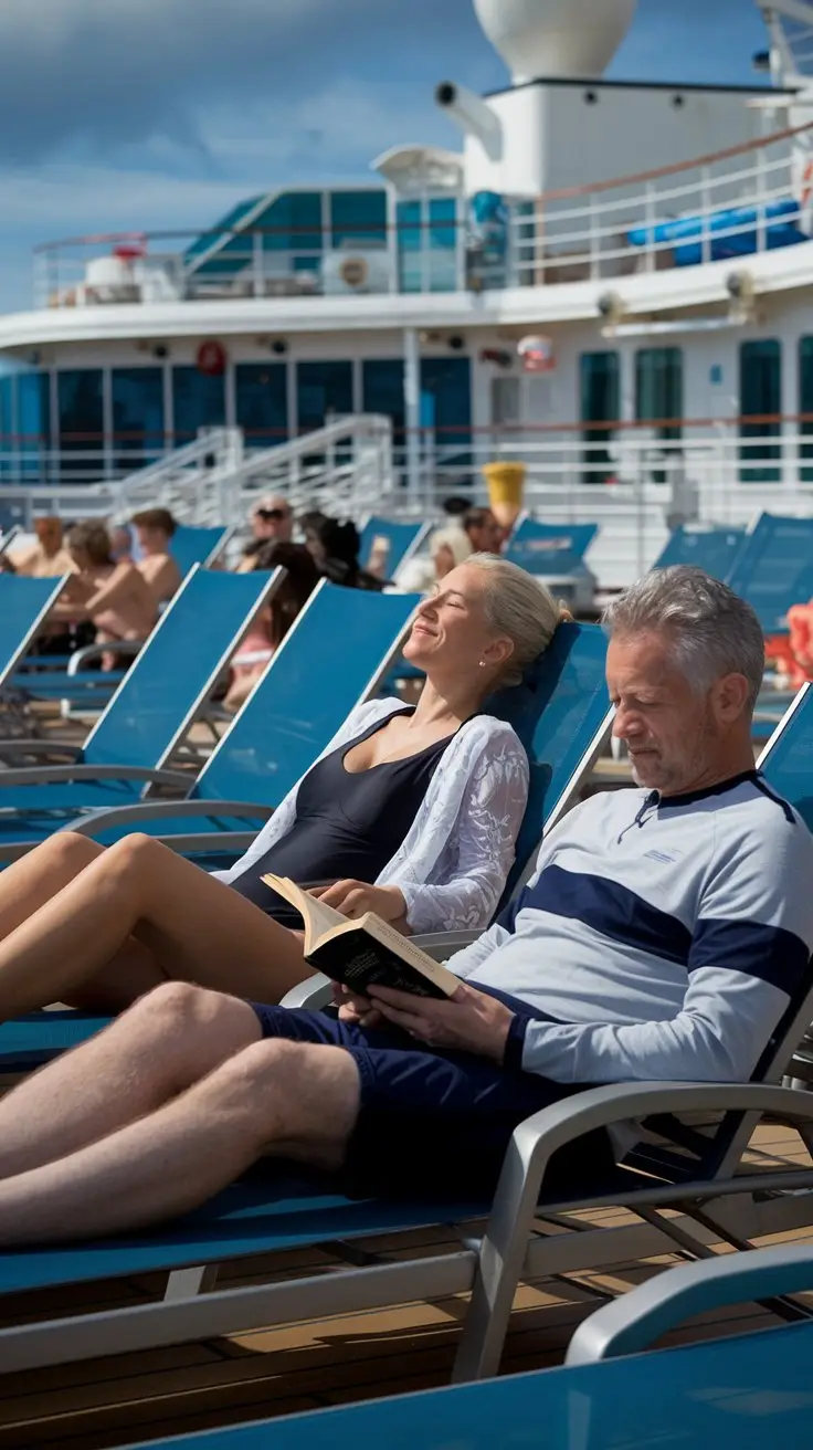 Mid aged lady and man on lounge chairs dressed in swimwear on a cruise ship. It's a sunny day at Amalfi Cruise Ship Port.