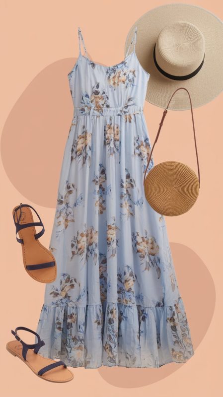 A photo of a mood board with a beautiful light blue maxi dress with floral patterns. The dress has a soft color and a delicate design, adding a fresh vibe to any summer look. The dress is paired with simple sandals, keeping the outfit laid-back yet chic. A wide-brimmed sun hat and a crossbody bag are also included in the mood board.