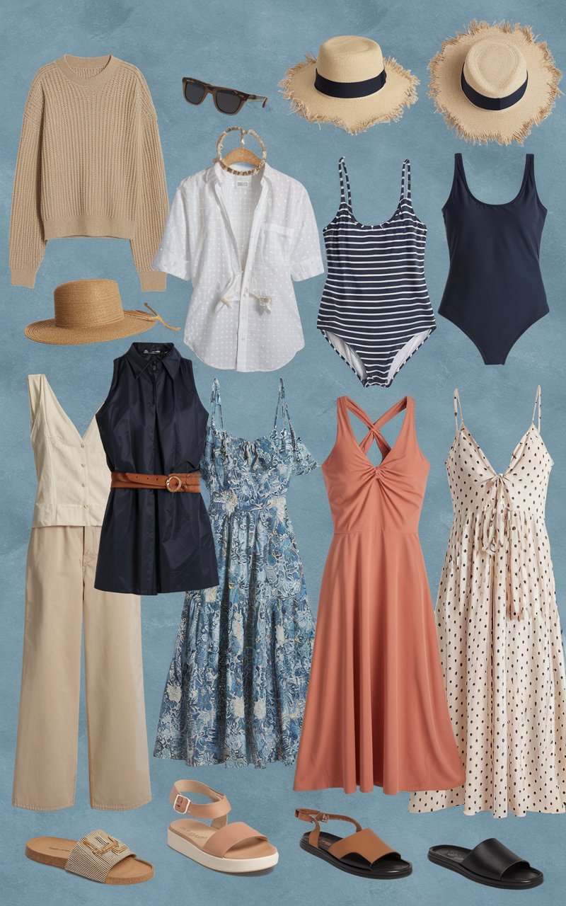 Mood board with 7-day wardrobe for a Caribbean cruise outfits