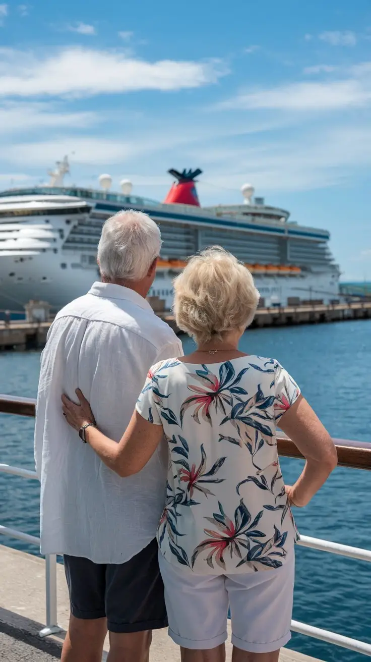 Older couple casually dressed in shorts in Savona Cruise Ship Port on a sunny day with a cruise ship in the background