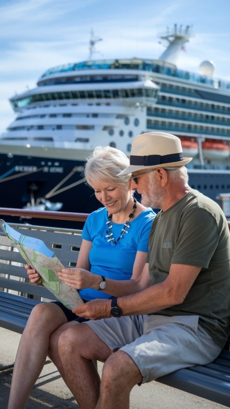 Older couple sitting down, reading a map, casually dressed in shorts on a sunny day with a cruise ship in the background at Bandol Cruise Ship Port